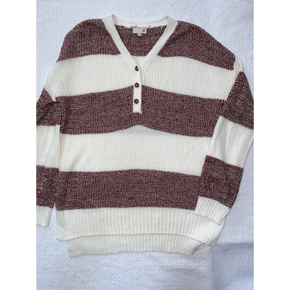 SO Henley Striped Knit Sweater Medium Maroon Ivory Colorblock V-Neck Casual